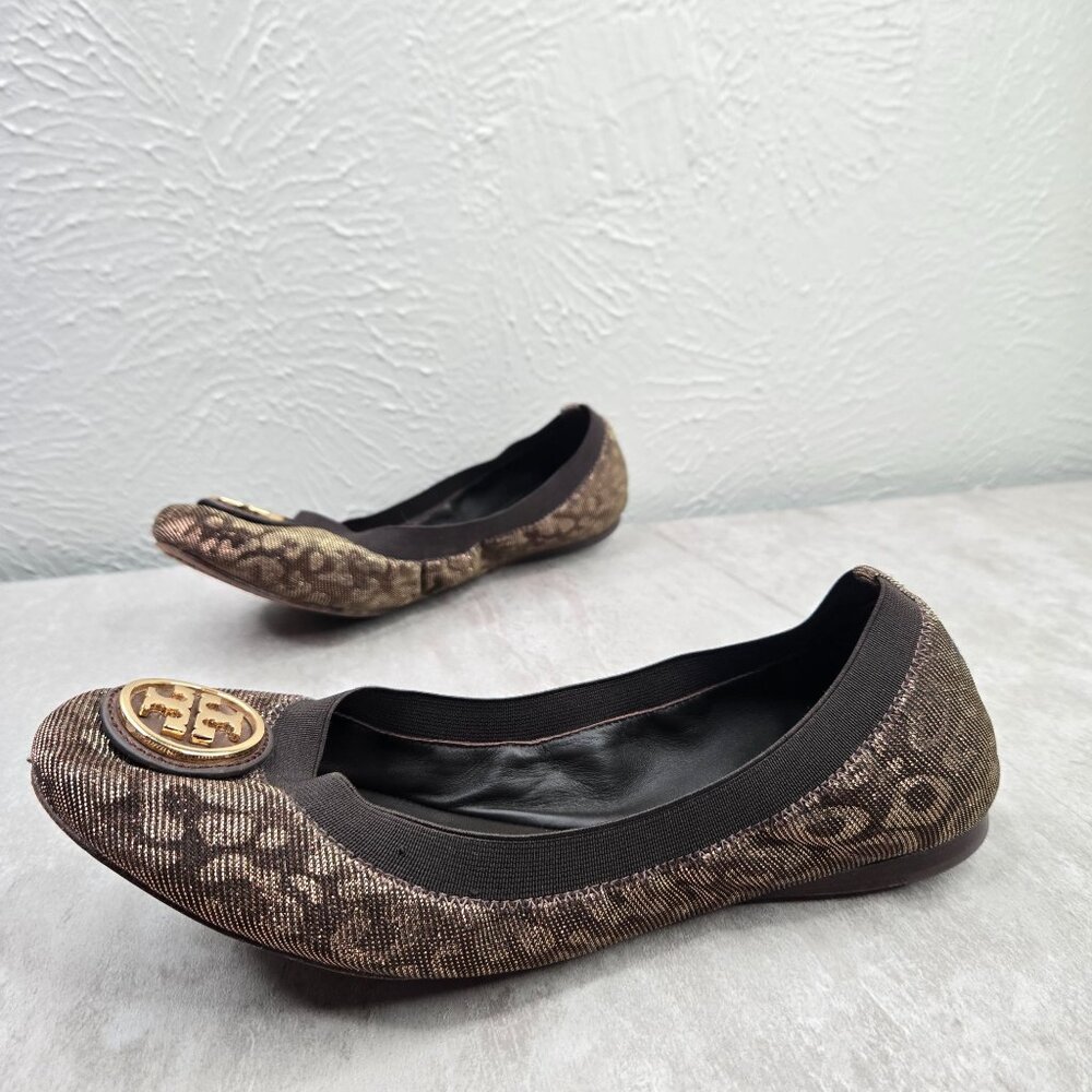 Tory Burch Ballet Flats Size 8 Animal Print Metallic Dressy Logo Ballerina Shoes - Picture 2 of 11